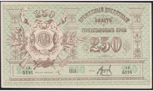 Туркестанский Край 250 рублей 1919, серия БА 5116, без в/з (Turkestan Region 250 rubles 1919, without watermark) PS 1171a : aUNC