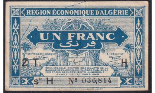 Алжир 1 франк 1944 год, S-H № 036,814 (Algeria 1 franc 1944) P 101: XF
