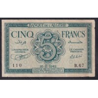 Алжир 5 франков 16-11-1942 год (Algeria 5 francs 16-11-1942) P 91: VF