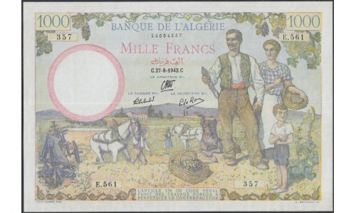 Алжир 1000 франков 1942 год (Algeria 1000 francs 1942) P 89: aUNC