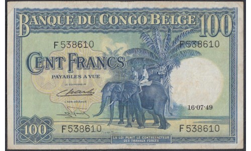 Бельгийское Конго 100 франков 1949 год (CONGO BELGE 100 francs 1949) P 17d: VF