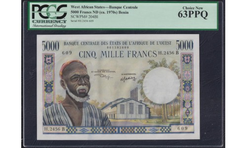 Западные Африканские Штаты (Бенин) 5000 франков 1970 год, РЕДКОСТЬ!!! (West African States (Benin) 5000 francs 1970) P 204Bl: PCGS 63 Choice New UNC