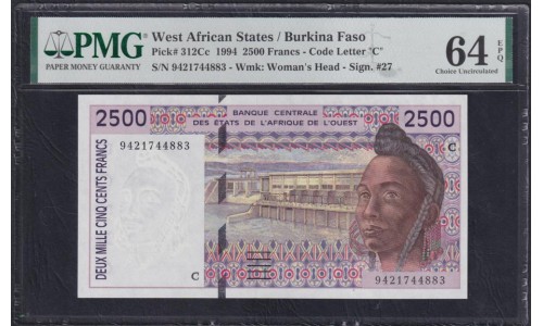 Западные Африканские Штаты Буркина Фасо 2500 франков 1994 года, РЕДКИЕ (Western African States (Burkina Faso) 2500 francs 199) P313Cd: PMG 64 Choice UNC EPQ