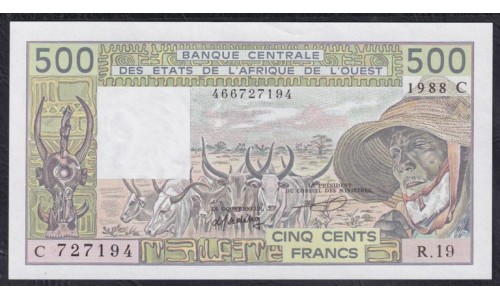 Западные Африканские Штаты Буркина Фасо 500 франков 1988 года (Western African States (Burkina Faso) 500 francs 1988) P306Ca: UNC