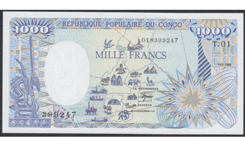 Конго Республика 1000 франков 1985 год, Редкие!!! (CONGO REPUBLIC 1000 francs 1985, RARE!!!) P 9: UNC