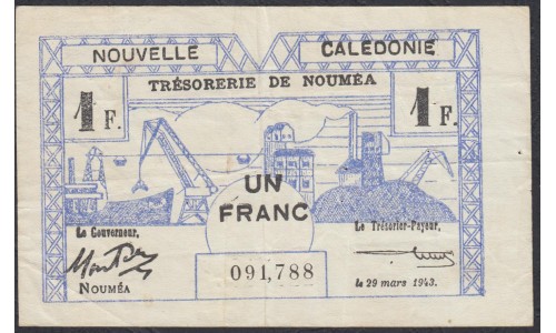Новая Каледония 1 франк 1943 года (New Caledonia 1 Franc 1943) P 55b: VF/XF