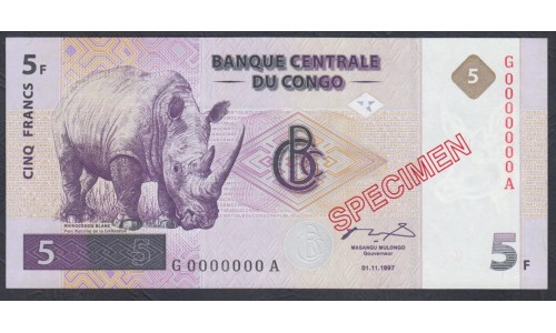 Конго 5 франков 1997, ОБРАЗЕЦ (CONGO 5 francs 1997, SPECIMEN) P 86b : UNC