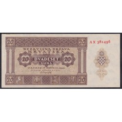 Хорватия 20 куна 1942, Редкие!!! (CROATIA 20 kuna 1944) P 9b: UNC 