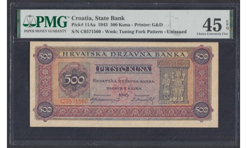 Хорватия 500 куна 1943, РАРИТЕТ!!! (CROATIA 500 kuna 1943) P 11A : Choice XF PMG 45 EPQ