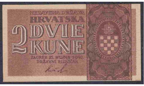 Хорватия 2 куны 1942 года, литера А (CROATIA 2 Kune 1942) P8а: UNC