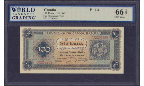 Хорватия 100 куна 1943 года(CROATIA 100 kuna 1943) P 11a: UNC Choice WBG 66