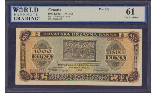 Хорватия 1000 куна 1943 года(CROATIA 1000 kuna 1943) P 12a: UNC Choice WBG 61