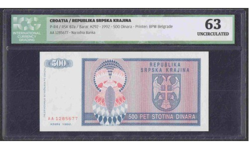 Хорватия, Республика Српска Краина, Книн 500 динар 1992 года, Редкость (CROATIA  SERBIAN REPUBLIC KRAJINA REPUBLIKA SRPSKA KRAJINA 500 dinara 1992) P-R4: UNC 63