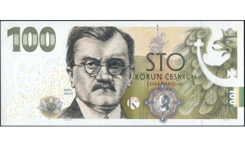 ЧЕХИЯ 100 КРОН ЮБИЛЕЙНАЯ, КАРЕЛ ЭНГЛИС - экономист, 2022 год, В БУКЛЕТЕ(Czechia 100 korun 2022) P W30 : UNC