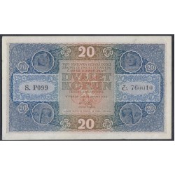 Чехословакия 20 корун  1919 год., Нечастые (CZECHOSLOVAKIA 20 Korun 1919) P 9: XF+