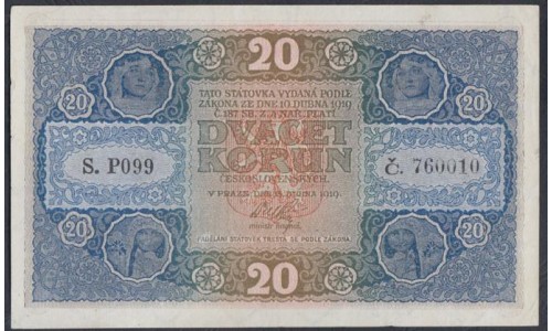 Чехословакия 20 корун  1919 год., Нечастые (CZECHOSLOVAKIA 20 Korun 1919) P 9: XF+