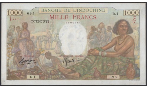 Джибути, Французский Сомалиленд 1000 франков 1938 (Djibouti, French Somaliland 1000 francs 1938) P 10 : XF/aUNC