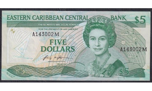 Восточные Карибские Острова 5 долларов ND (1986-1988) (EAST CARIBBEAN STATES 5 Dollars ND (1986-1988)) P 18m : Unc