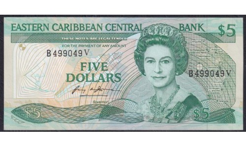 Восточные Карибские Острова 5 долларов ND (1988-1993), B499049, Святой Винсент (EAST CARIBBEAN STATES 5 Dollars ND (1988-1993)(St. Vincent)) P 22v (1) : XF++