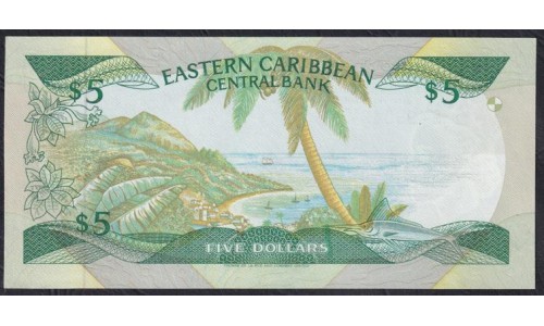 Восточные Карибские Острова 5 долларов ND (1988-1993), B499049, Святой Винсент (EAST CARIBBEAN STATES 5 Dollars ND (1988-1993)(St. Vincent)) P 22v (1) : XF++