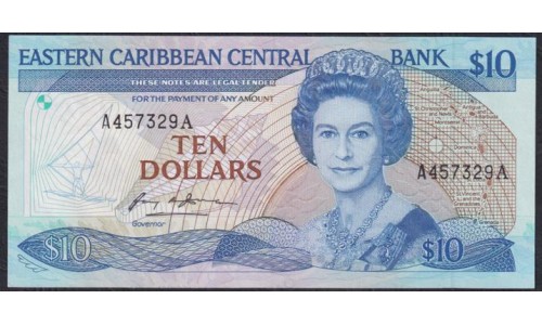 Восточные Карибские Острова 10 долларов ND (1985-1993) Антигуа (EAST CARIBBEAN STATES 10 Dollars ND (1985-1993) Antigua) P 23a (1): XF++