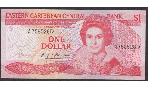 Восточные Карибские Острова 1 доллар 1985-1988года, Доминика - Нечастый (EAST CARIBBEAN STATES 1 Dollar 1985-1988, Dominica) P 17d: UNC
