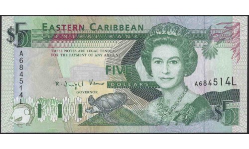 Восточные Карибские Острова 5 долларов ND (1993) (EAST CARIBBEAN STATES 5 Dollars ND (1993)) P 26l : Unc