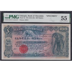 Эфиопия 100 талеров Банк Абессинии ND(1915-1926) Образец, РЕДКОСТЬ!!! (ETHIOPIA 100 Thalers Bank of Abyssinia  ND(1915-1929), Printer Bradbury Wilkinson, New Malden, Specimen, RARE) P 4s: aUNC PMG 55