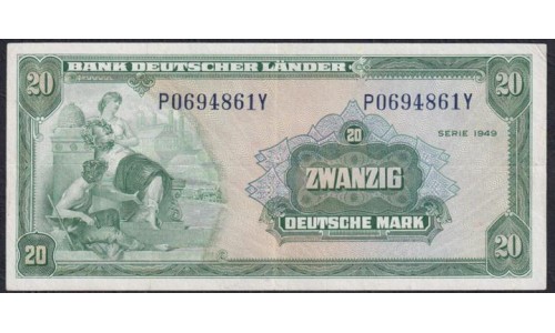 ФРГ 20 марок 1949 год (GFR 20 deutsche mark 1949) P 17a: VF/XF