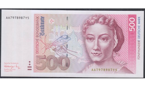  ФРГ 500 марок 1991 год, Серия АА (Germany, GFR 500 Mark 1991, Series AA) P 43a: UNC