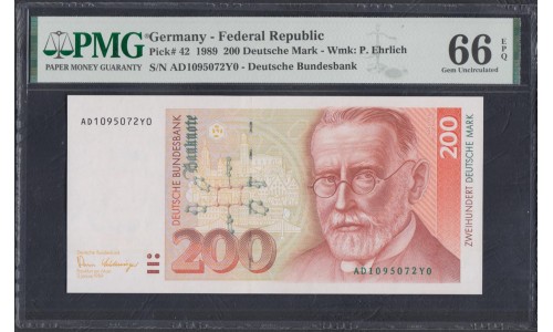 ФРГ 200 марок 1989 год (Germany, GFR 200 Mark 1989 year) P 42: UNC PMG 66 EPQ