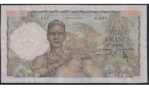 Французская Западная Африка 1000 франков 1954 года, N.3971 (BANQUE DE L'AFRIQUE OCCIDENTALE 1000 francs 1954) Р 42: XF