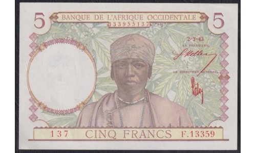 Французская Западная Африка 5 франков 2.3. 1943 года, F.13359 НЕЧАСТАЯ (BANQUE DE L'AFRIQUE OCCIDENTALE 5 francs 2.3. 1943) P 26: UNC