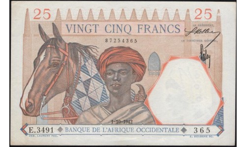 Французская Западная Африка 25 франков 1-10-1942 (BANQUE DE L'AFRIQUE OCCIDENTALE 25 francs 1-10-1942) Р 27 : UNC-