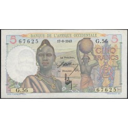 Французская Западная Африка 5 франков 1943 (French West Africa BANQUE DE L'AFRIQUE OCCIDENTALE 5 francs 1943) Р 36(1) : aUNC