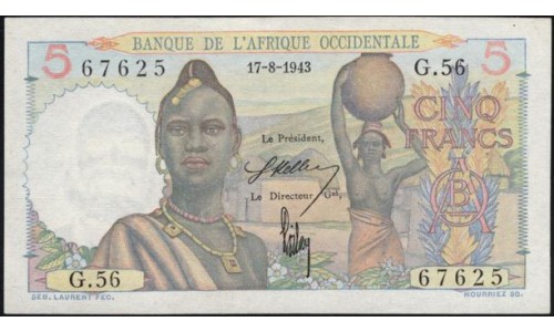 Французская Западная Африка 5 франков 1943 (French West Africa BANQUE DE L'AFRIQUE OCCIDENTALE 5 francs 1943) Р 36(1) : aUNC
