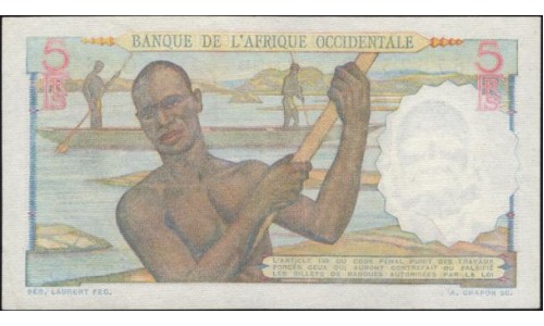 Французская Западная Африка 5 франков 1943 (French West Africa BANQUE DE L'AFRIQUE OCCIDENTALE 5 francs 1943) Р 36(1) : aUNC