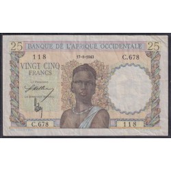 Французская Западная Африка 25 франков 1943 г. (BANQUE DE L'AFRIQUE OCCIDENTALE 25 francs 1943) Р 38: VF/XF