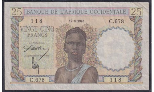 Французская Западная Африка 25 франков 1943 г. (BANQUE DE L'AFRIQUE OCCIDENTALE 25 francs 1943) Р 38: VF/XF