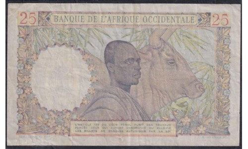 Французская Западная Африка 25 франков 1943 г. (BANQUE DE L'AFRIQUE OCCIDENTALE 25 francs 1943) Р 38: VF/XF