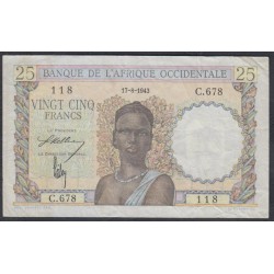 Французская Западная Африка 25 франков 1943 г. (BANQUE DE L'AFRIQUE OCCIDENTALE 25 francs 1943) Р 38: VF/XF