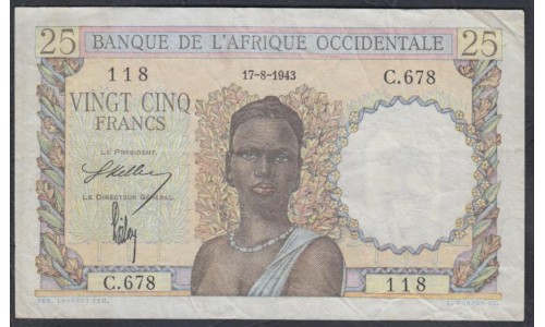 Французская Западная Африка 25 франков 1943 г. (BANQUE DE L'AFRIQUE OCCIDENTALE 25 francs 1943) Р 38: VF/XF