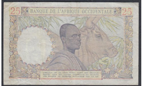 Французская Западная Африка 25 франков 1943 г. (BANQUE DE L'AFRIQUE OCCIDENTALE 25 francs 1943) Р 38: VF/XF