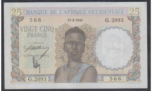 Французская Западная Африка 25 франков 1943 года, 566 (BANQUE DE L'AFRIQUE OCCIDENTALE 25 francs 1943) Р 38: UNC