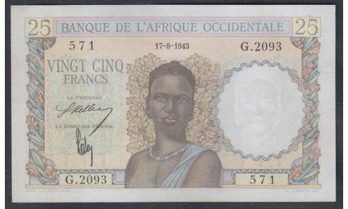 Французская Западная Африка 25 франков 1943 года, 571 (BANQUE DE L'AFRIQUE OCCIDENTALE 25 francs 1943) Р 38: UNC