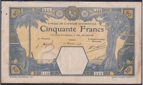 Французская Западная Африка 50 франков 1926 (French West Africa 50 francs 1926) Р 9Вb : VF+++