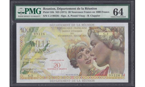 Реюньон 1000 франков ND (1967 -  71 г.) (REUNION 1000 francs ND (1967 - 71) P 55b: UNC PMG 64