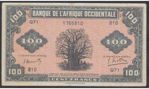 Французская Западная Африка 100 франков 1942 г. (BANQUE DE L'AFRIQUE OCCIDENTALE 100 francs 1942) Р 31a: XF