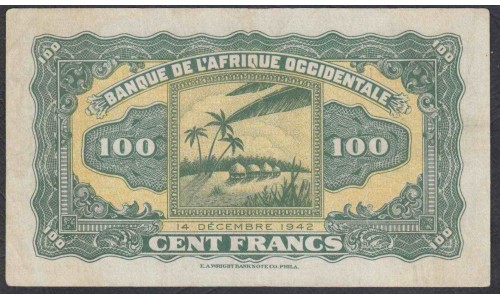 Французская Западная Африка 100 франков 1942 г. (BANQUE DE L'AFRIQUE OCCIDENTALE 100 francs 1942) Р 31a: XF