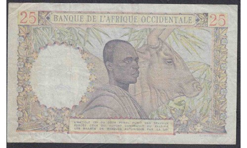 Французская Западная Африка 25 франков 1943 г. (BANQUE DE L'AFRIQUE OCCIDENTALE 25 francs 1943) Р 38: VF/XF